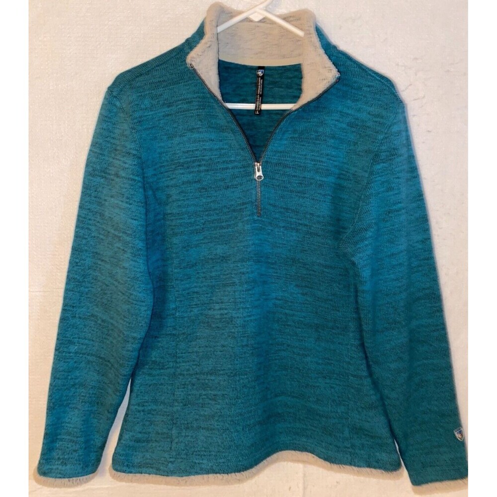 Kuhl Sweater Womens sz L Alaska 1/4 Zip Green Blue Pullover Sherpa Lined Fleece